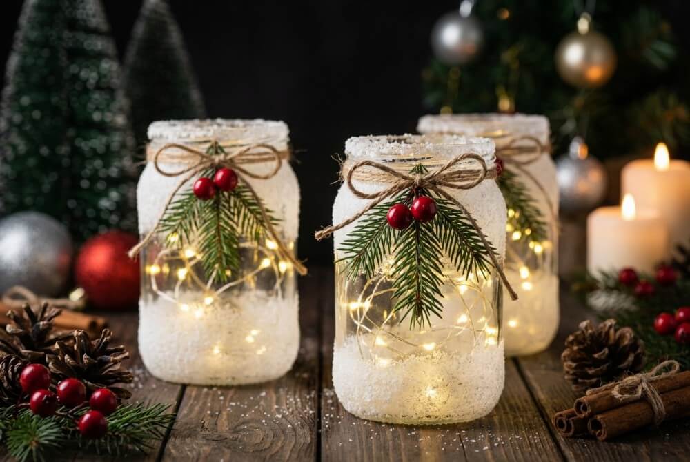 Świecące lampiony ze słoików z efektem szronu, ozdobione sznurkiem jutowym i gałązką świerku, wypełnione lampkami LED na świątecznym stole.