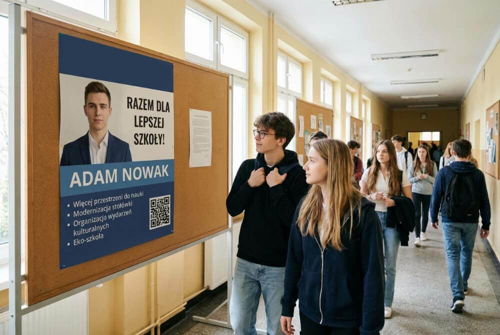 Plakat wyborczy przewodniczącego samorządu z imieniem, nazwiskiem, zdjęciem, hasłem, punktami programu i kodem QR na tablicy ogłoszeń w jasnym szkolnym korytarzu.