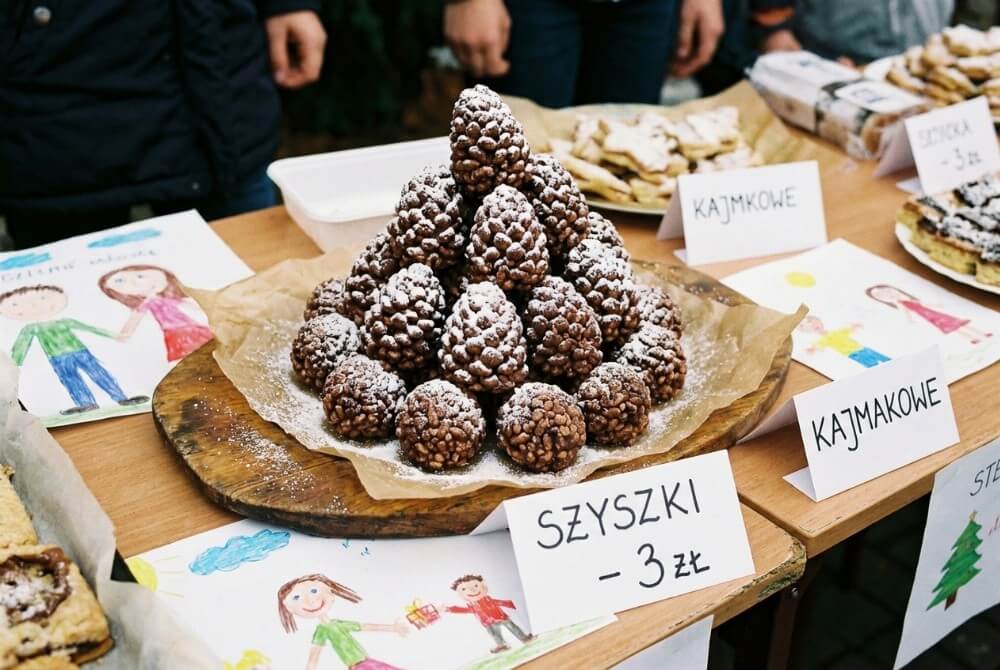 Stosik czekoladowych szyszek z ryżu preparowanego, oprószonych cukrem pudrem, ułożonych na talerzu na świątecznym kiermaszu.