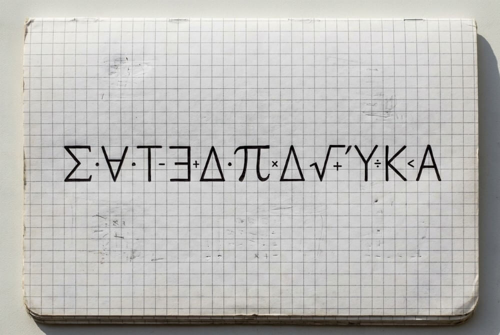 Pierwsza strona zeszytu z tytułem „Matematyka” zapisanym kreatywną typografią z symboli matematycznych