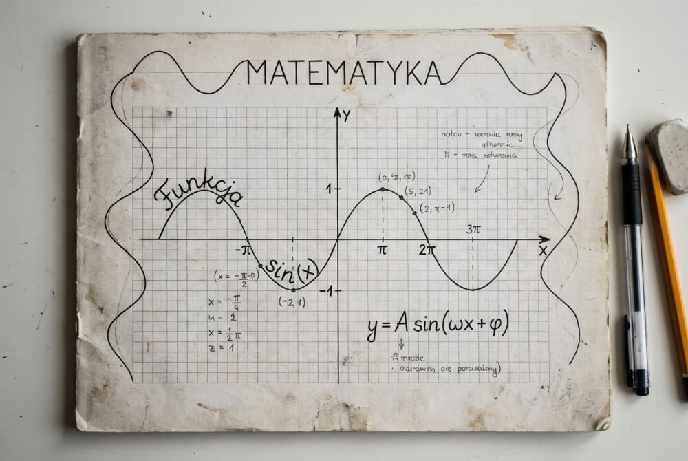 Pierwsza strona zeszytu z dużym układem współrzędnych i tytułem „Matematyka” wkomponowanym w linię wykresu