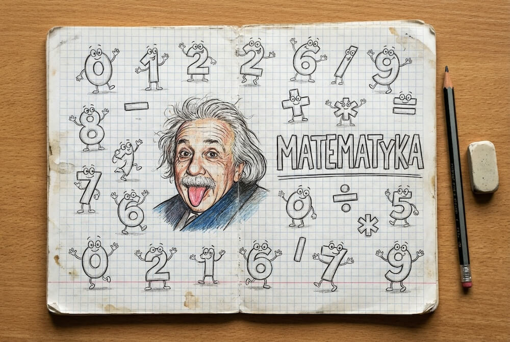 Pierwsza strona zeszytu z zabawnym rysunkiem uczonego i ożywionymi cyframi wokół tytułu „Matematyka”