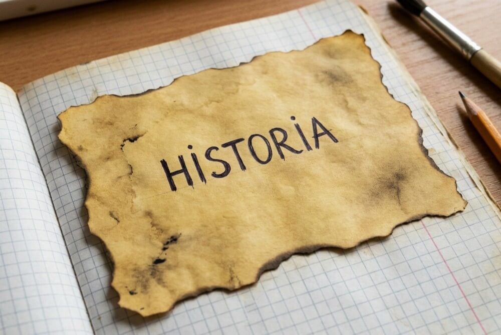 Pierwsza strona zeszytu z wklejoną postarzaną kartką imitującą stary pergamin z tytułem „HISTORIA”.