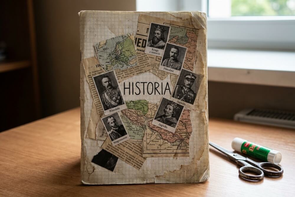 Pierwsza strona zeszytu udekorowana kolażem z wycinków gazet, map i historycznych ilustracji.