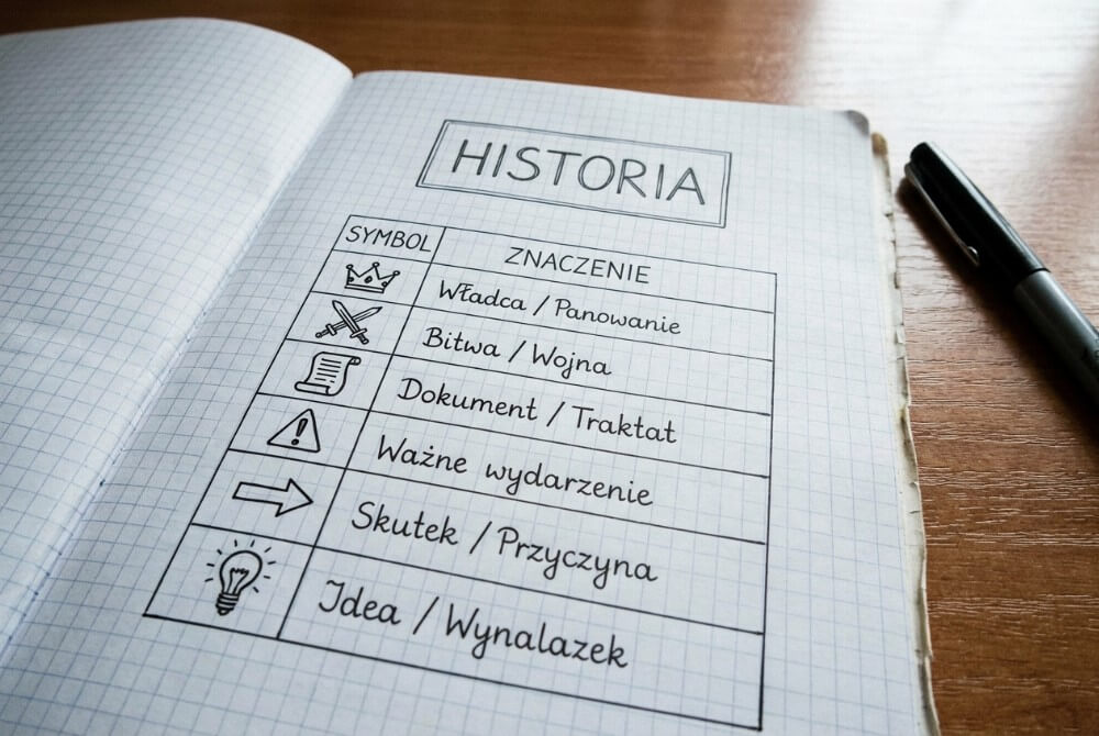 Tytułowa strona zeszytu z tytułem „HISTORIA” i tabelką legendy symboli używanych w notatkach.