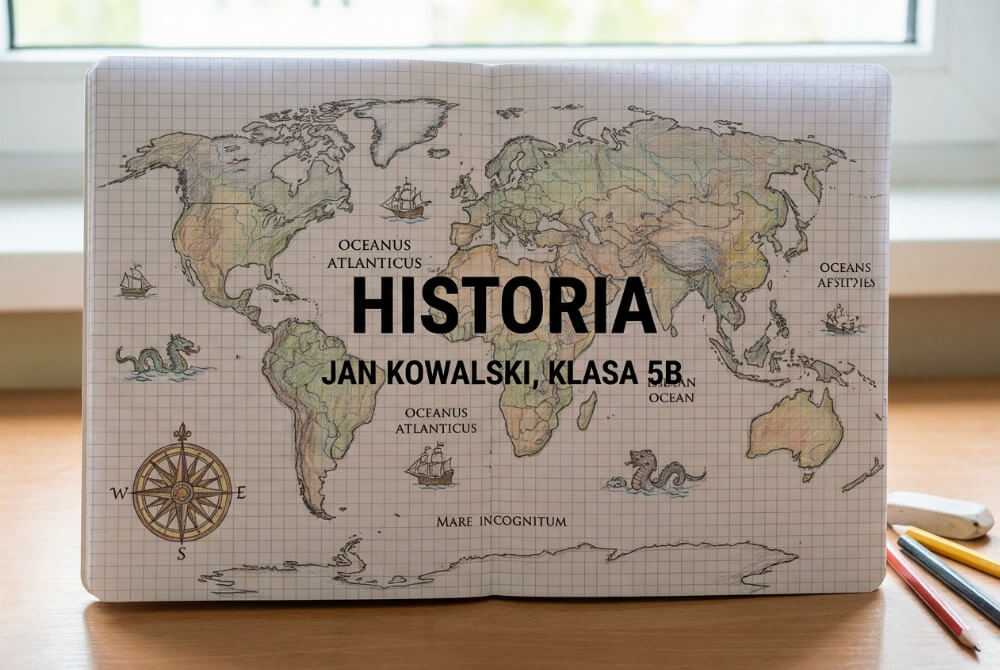 Pierwsza strona zeszytu z dawną mapą świata jako tłem i napisem „HISTORIA” na środku.