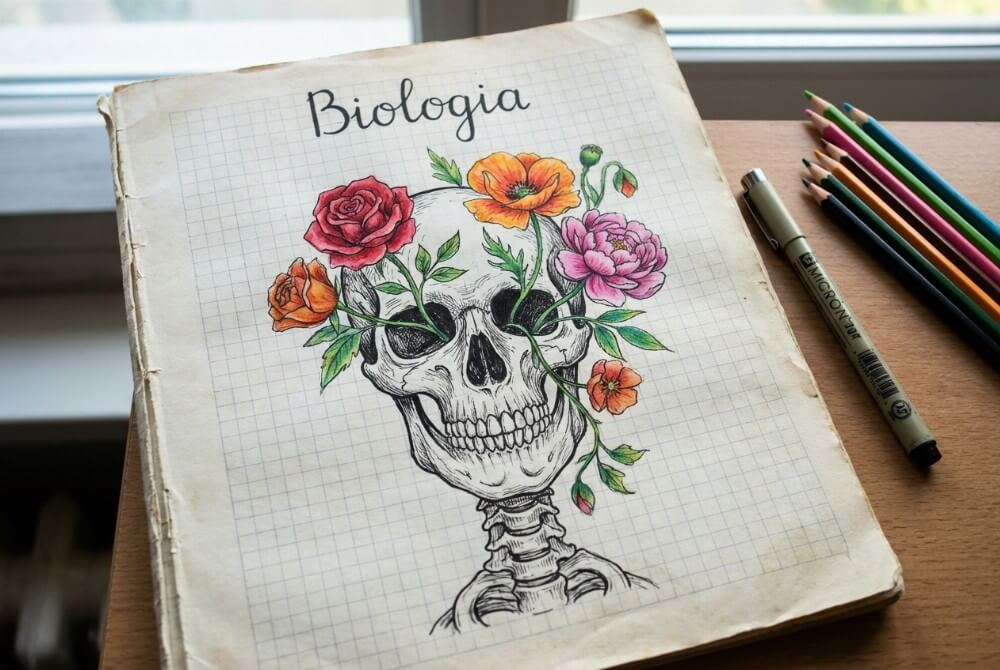 Pierwsza strona zeszytu z napisem „Biologia” oraz rysunkiem czaszki i kręgosłupa, z których wyrastają kolorowe kwiaty