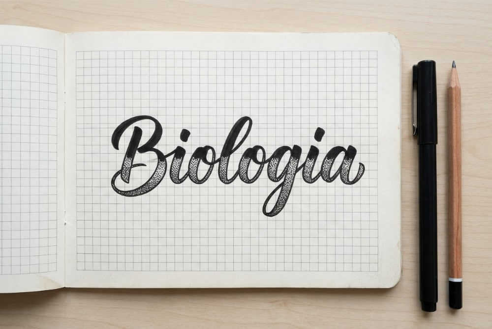 Pierwsza strona zeszytu z dużym, ozdobnym napisem „Biologia” na środku i pustą przestrzenią wokół