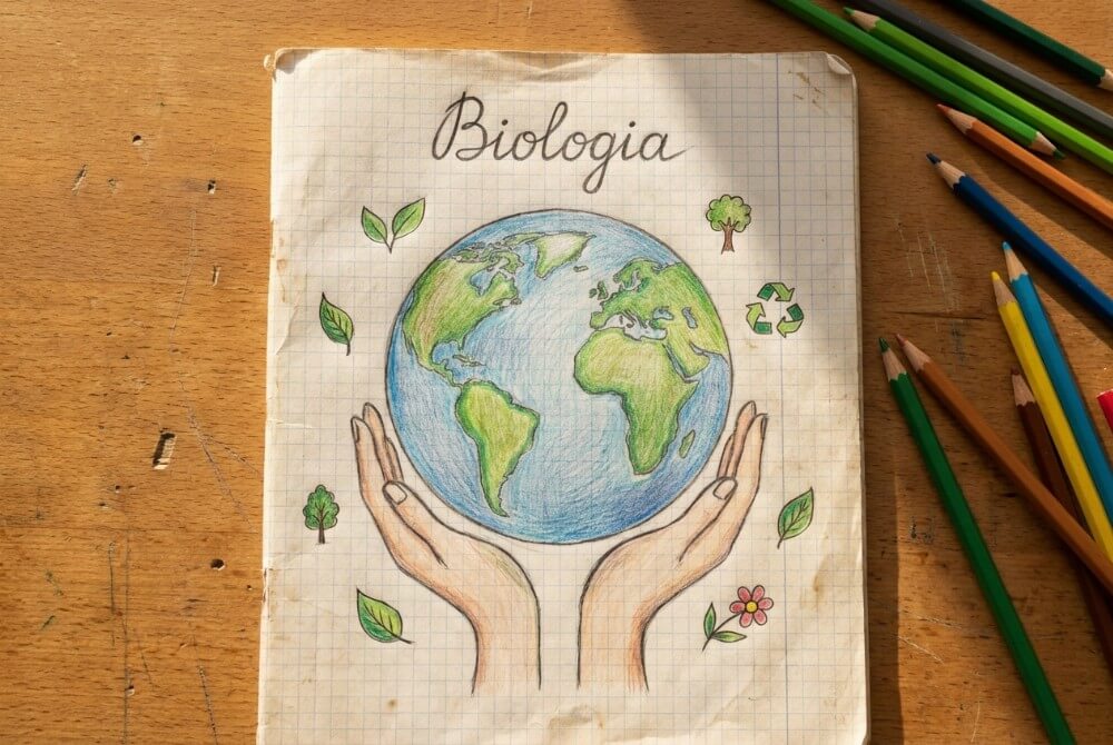 Tytułowa strona zeszytu z rysunkiem kuli ziemskiej trzymanej w dłoniach i napisem „Biologia” podkreślającym motyw ochrony środowiska