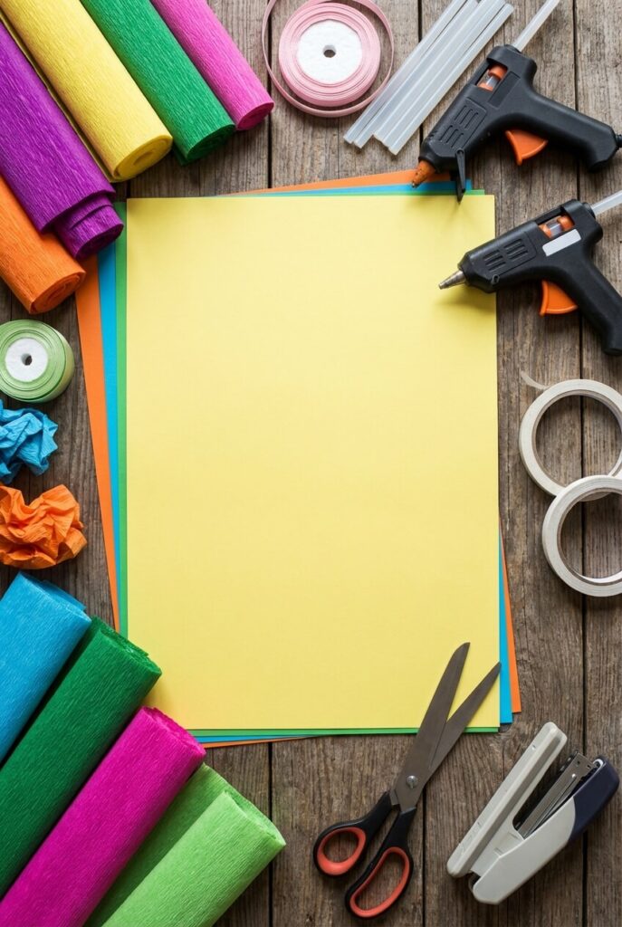 Materiały i narzędzia potrzebne do zrobienia tyty DIY (brystol, bibuła, wstążka, klej i nożyczki)