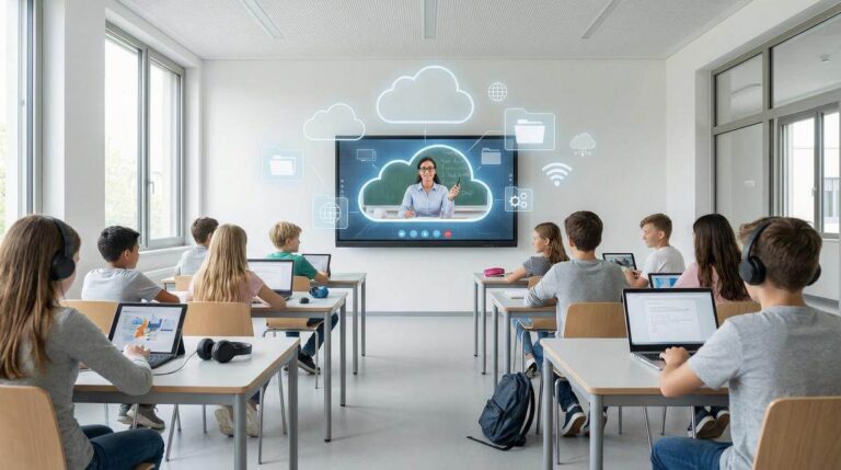 Uczniowie w futurystycznej klasie online z nauczycielem na ekranie
