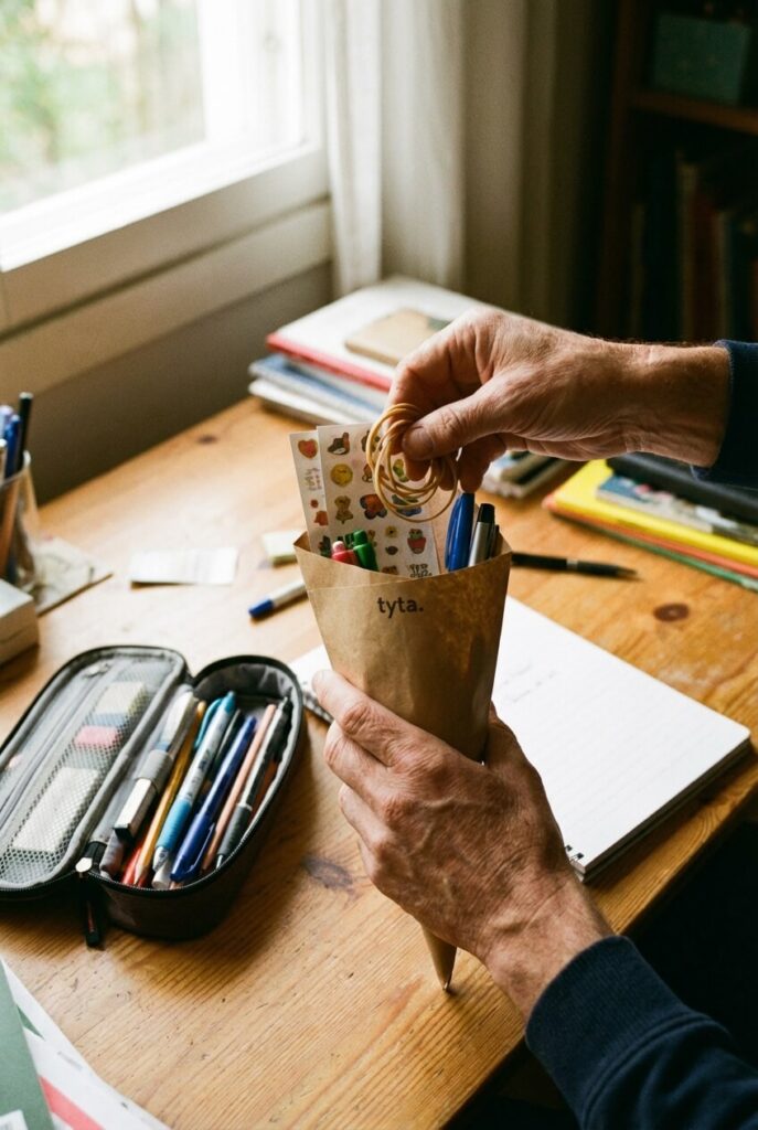 Pakowanie przyborów szkolnych do tyty na domowym biurku