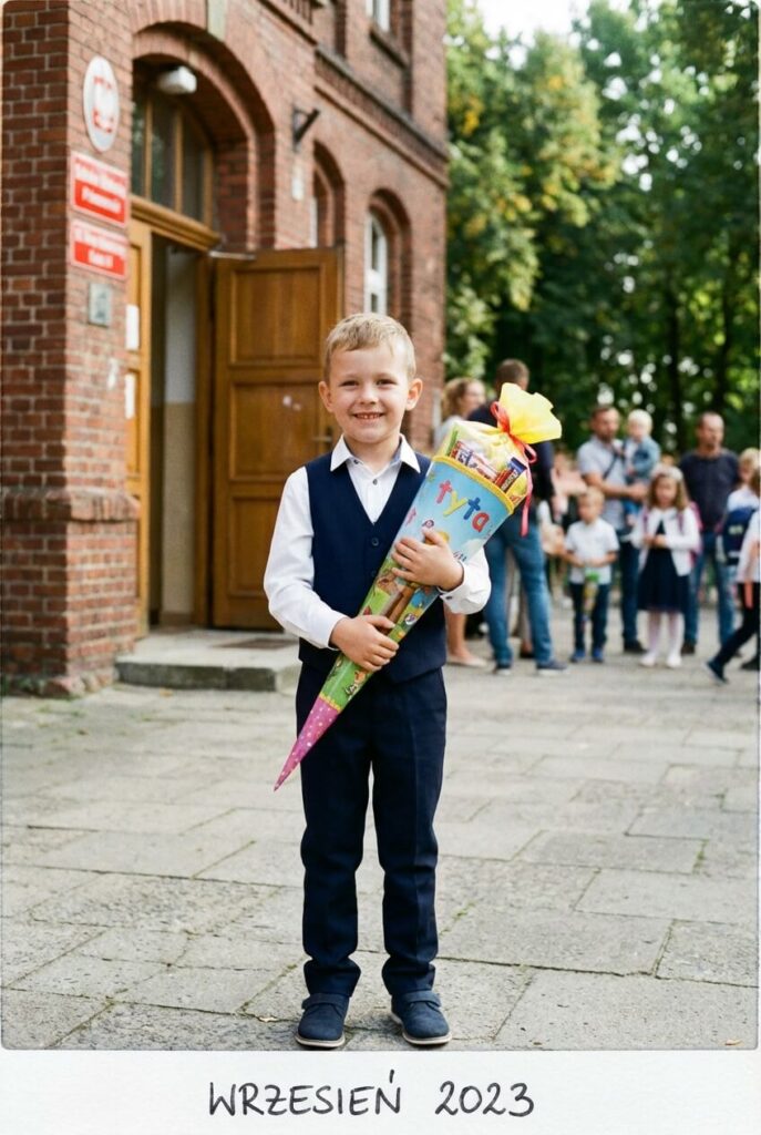 Pamiątkowe zdjęcie pierwszoklasisty z tytą przed budynkiem szkoły