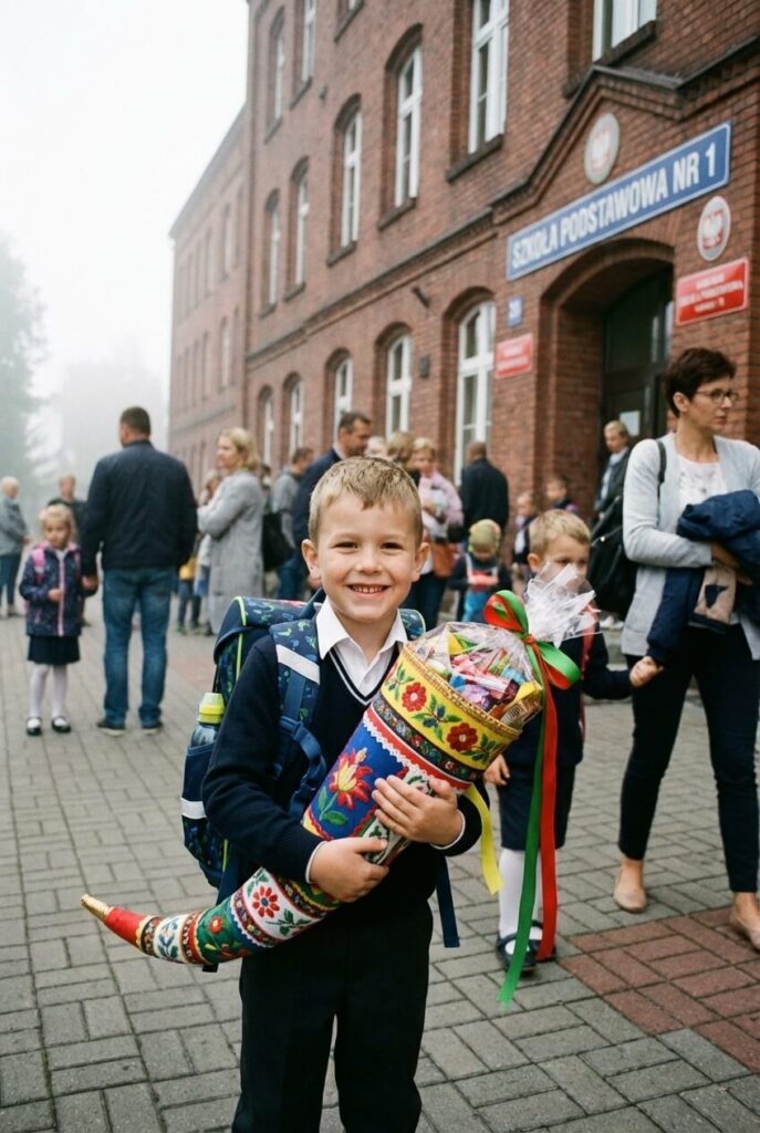 Pierwszoklasista trzyma kolorową tytę przed szkołą w dniu rozpoczęcia roku szkolnego