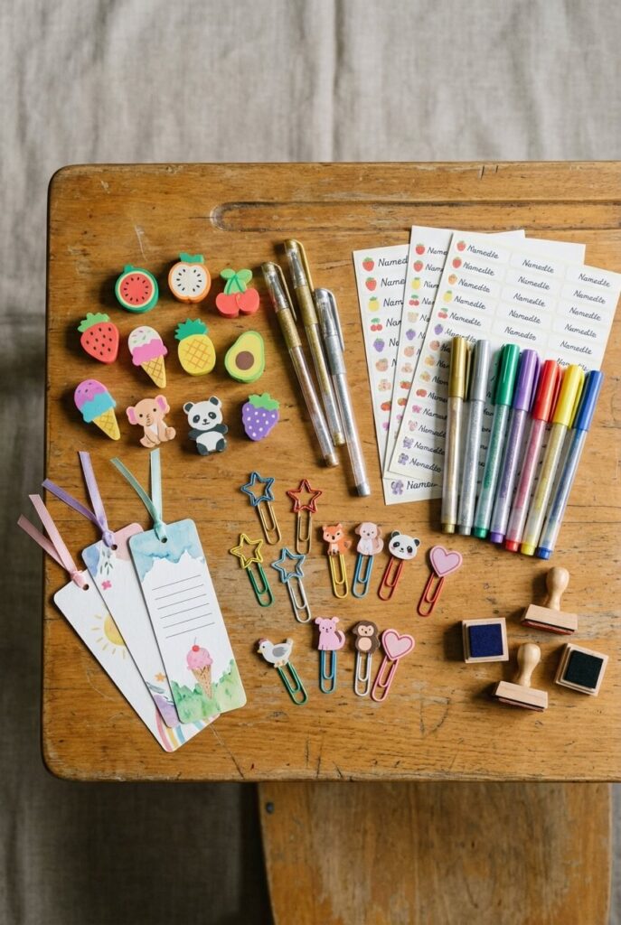 Kolorowe przybory szkolne i artykuły papiernicze, które można włożyć do tyty